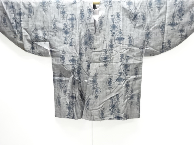 アンティーク　花更紗模様織り出し手織り紬道中着